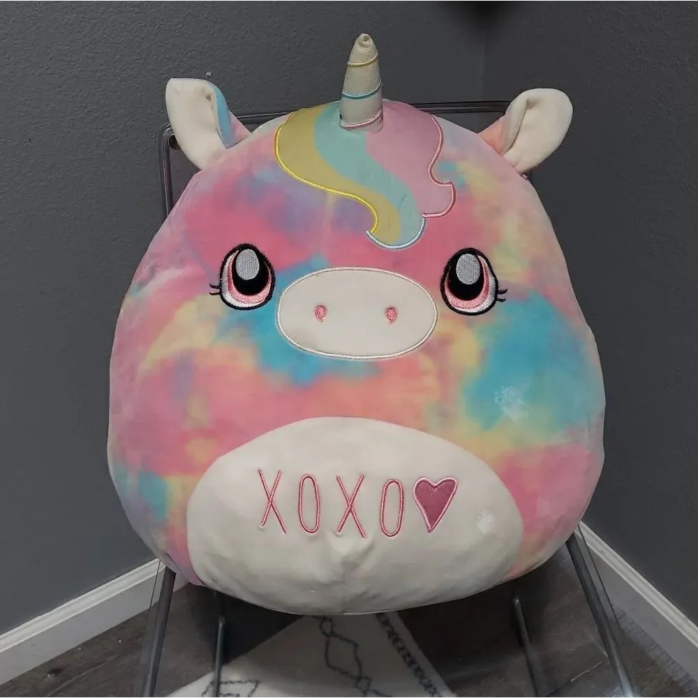 SQUISHMALLOWS Anica Tie Dye Rainbow Unicorn 20" Plush Toy Pillow XOXO Heart